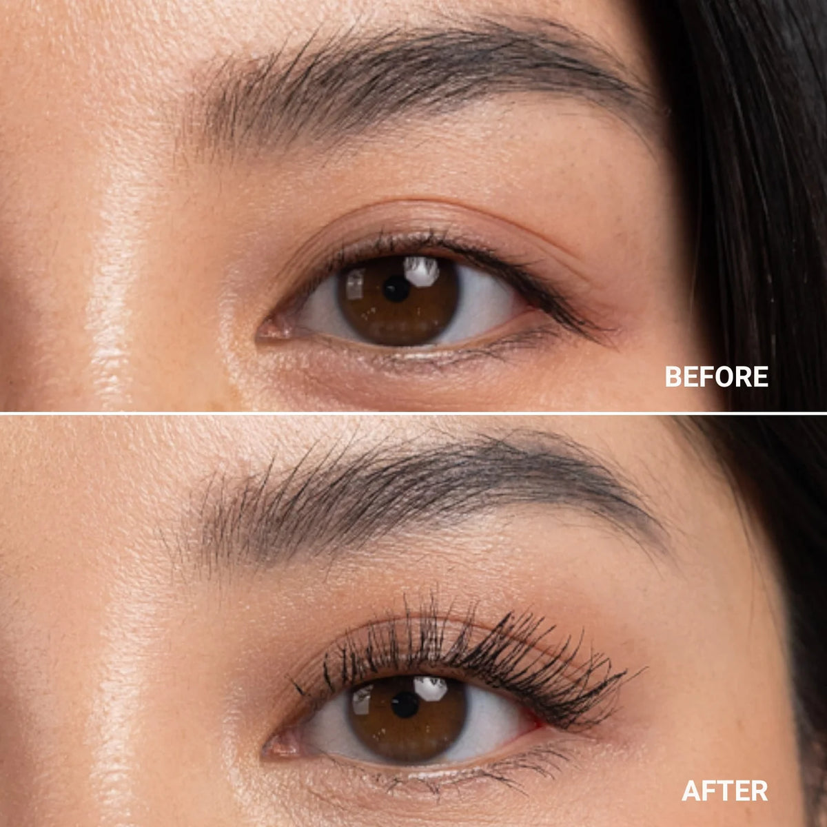 Before and after comparison of an eye with makeup application