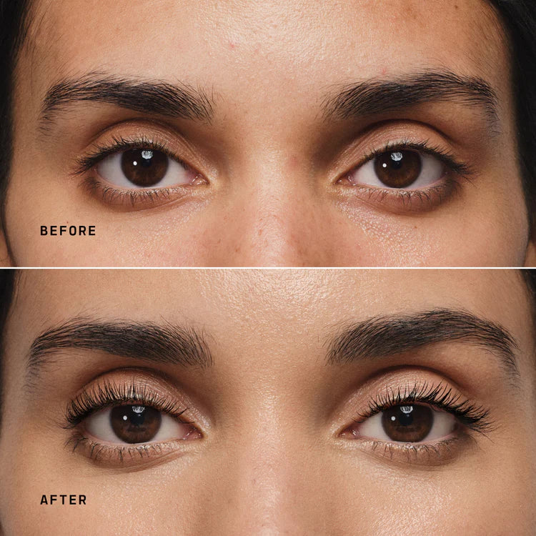 Before and after comparison of using a lash curler.