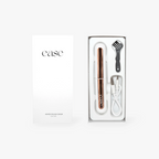 Eyelash curler kit with tools and 'ease' branding on a white background