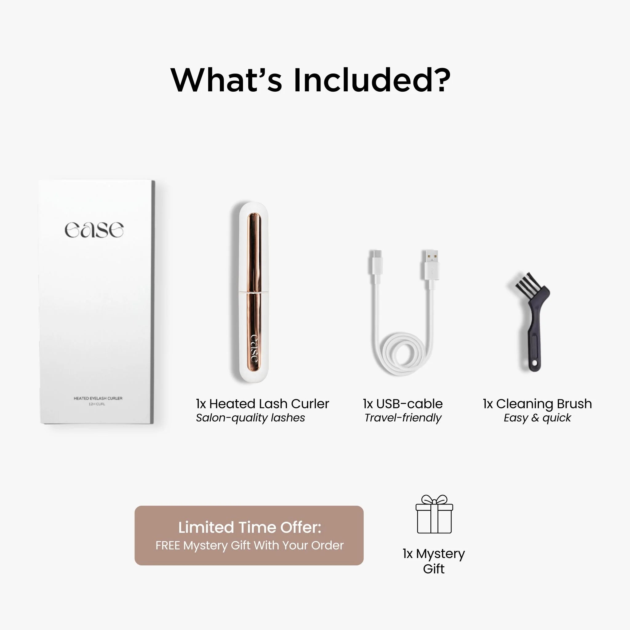 Product packaging with heated lash curler, USB cable, cleaning brush, and mystery gift on a white background.