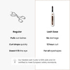 Comparison of a regular eyelash curler and a heated lash curler labeled 'Lash Ease'.