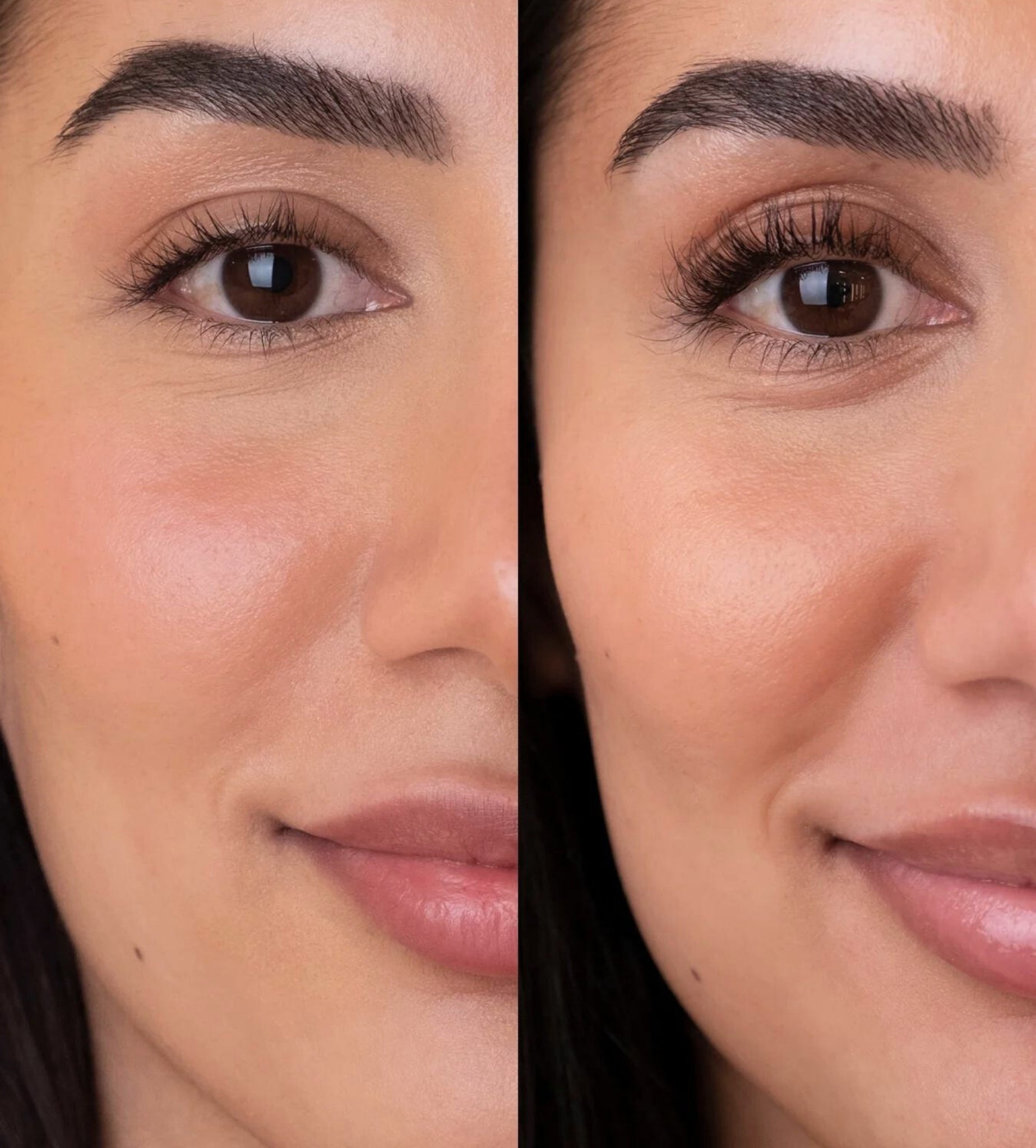 Before and after using Ease heated lash curler showing visible lift and curl on lashes