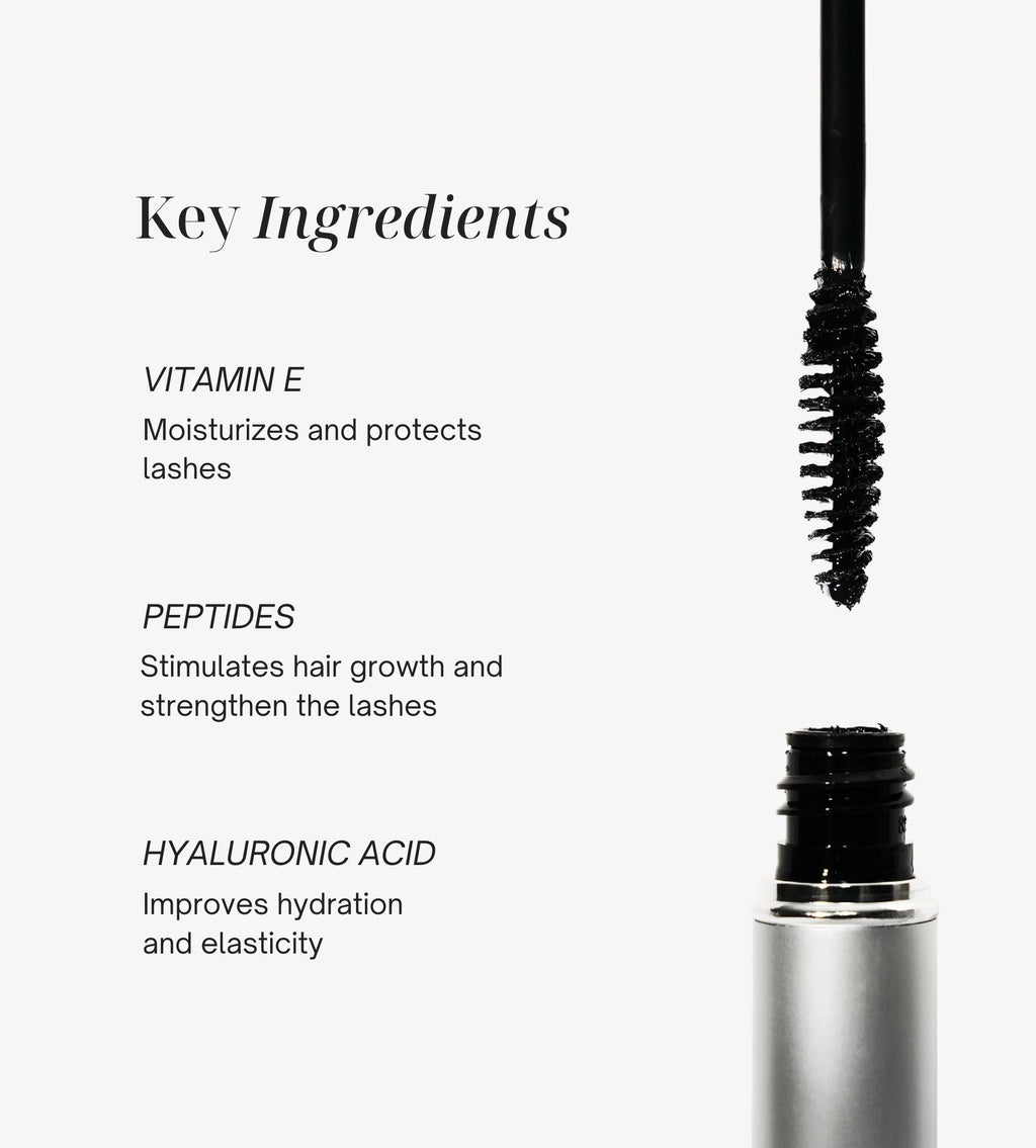 Key ingredients in Ease Fusion Mascara including vitamin E, peptides, and hyaluronic acid