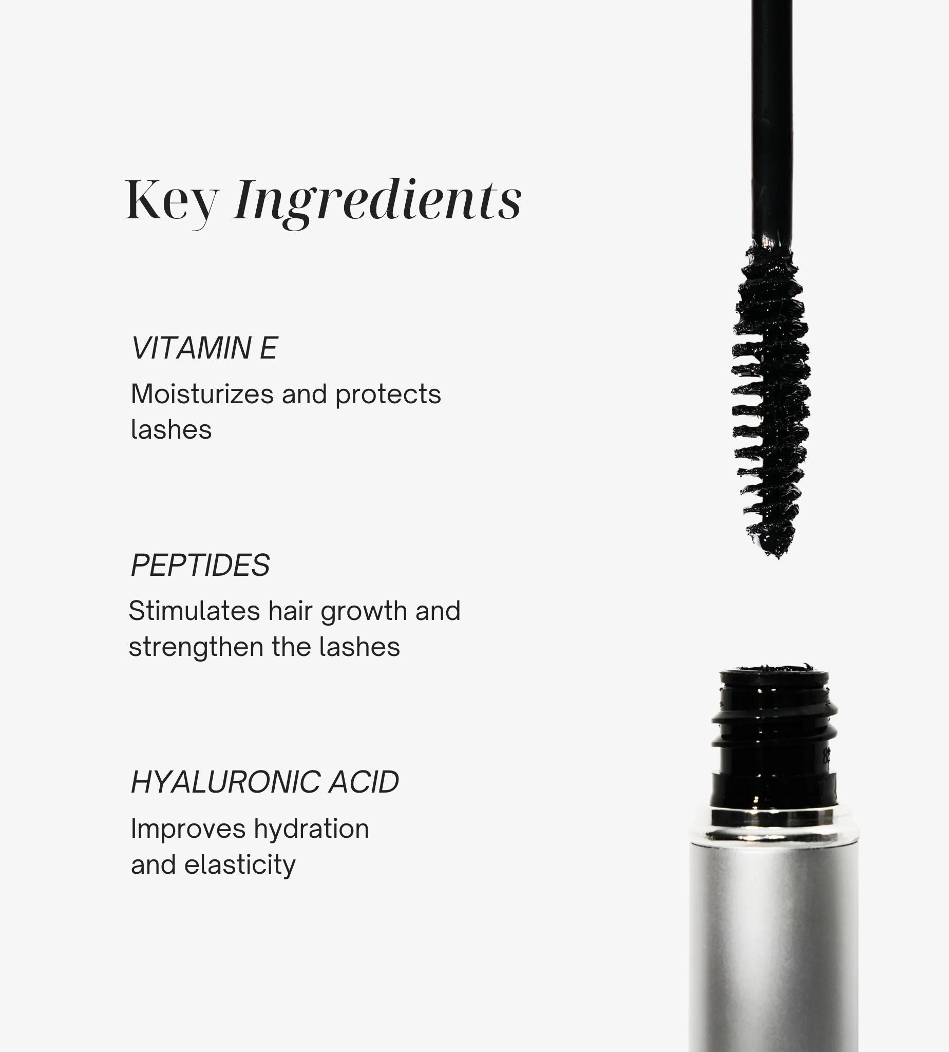 Key ingredients in Ease Fusion Mascara including vitamin E, peptides, and hyaluronic acid