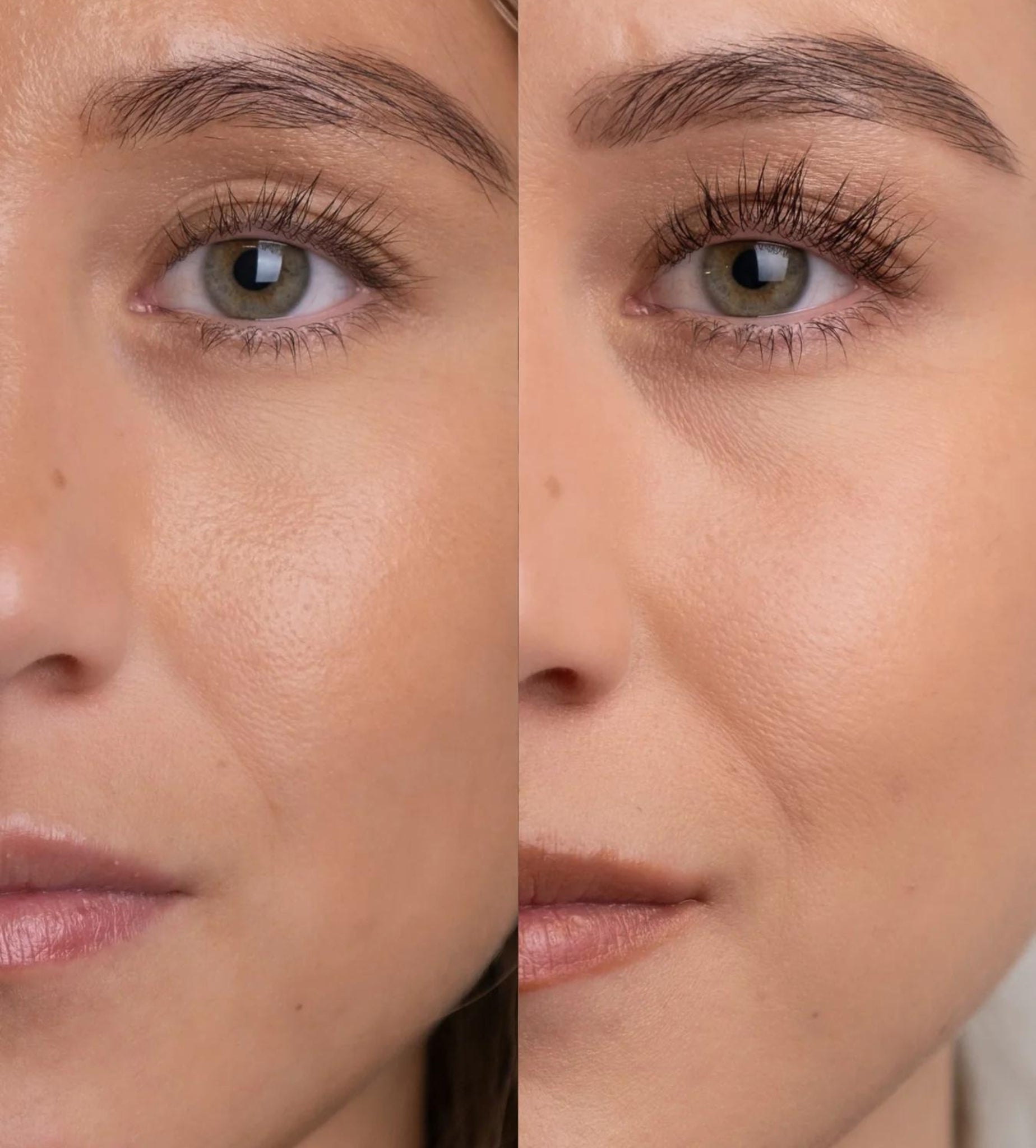 Before and after using Ease Fusion Mascara showing volume, length, and definition