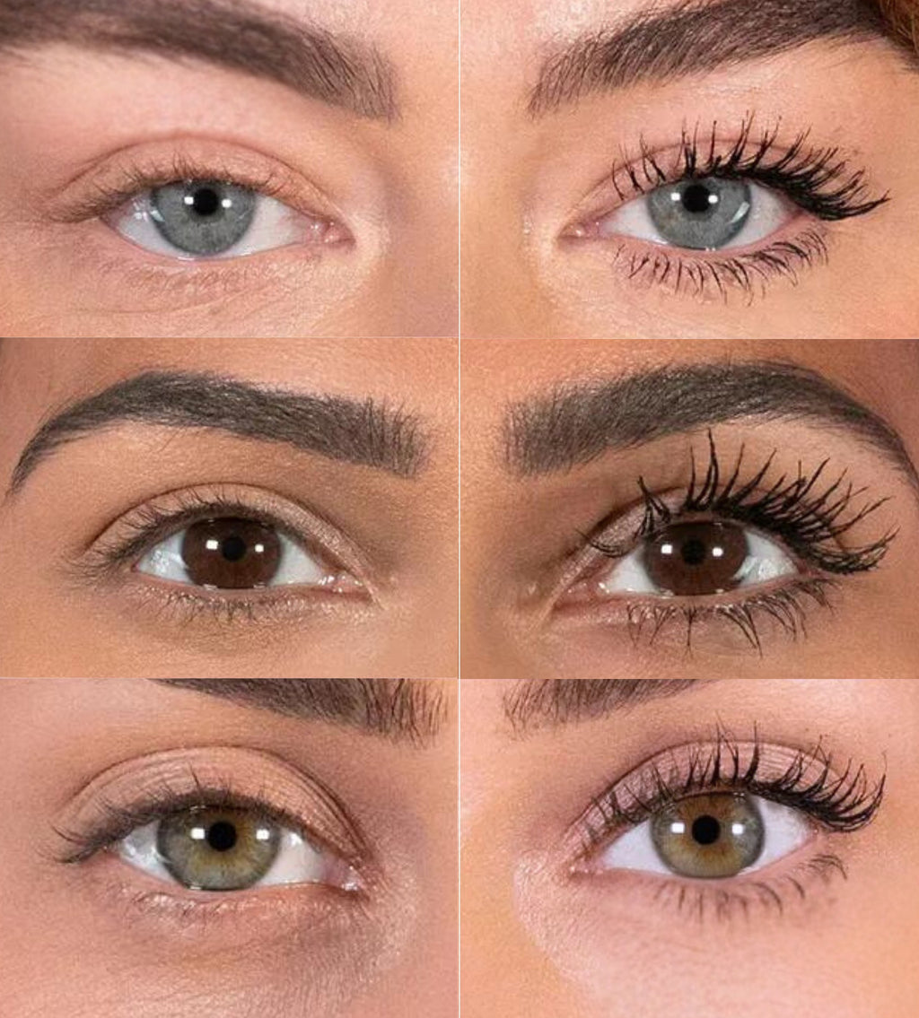 Multiple close-ups showing visible lengthening and volumizing effects of Ease Fusion Mascara on different eyes
