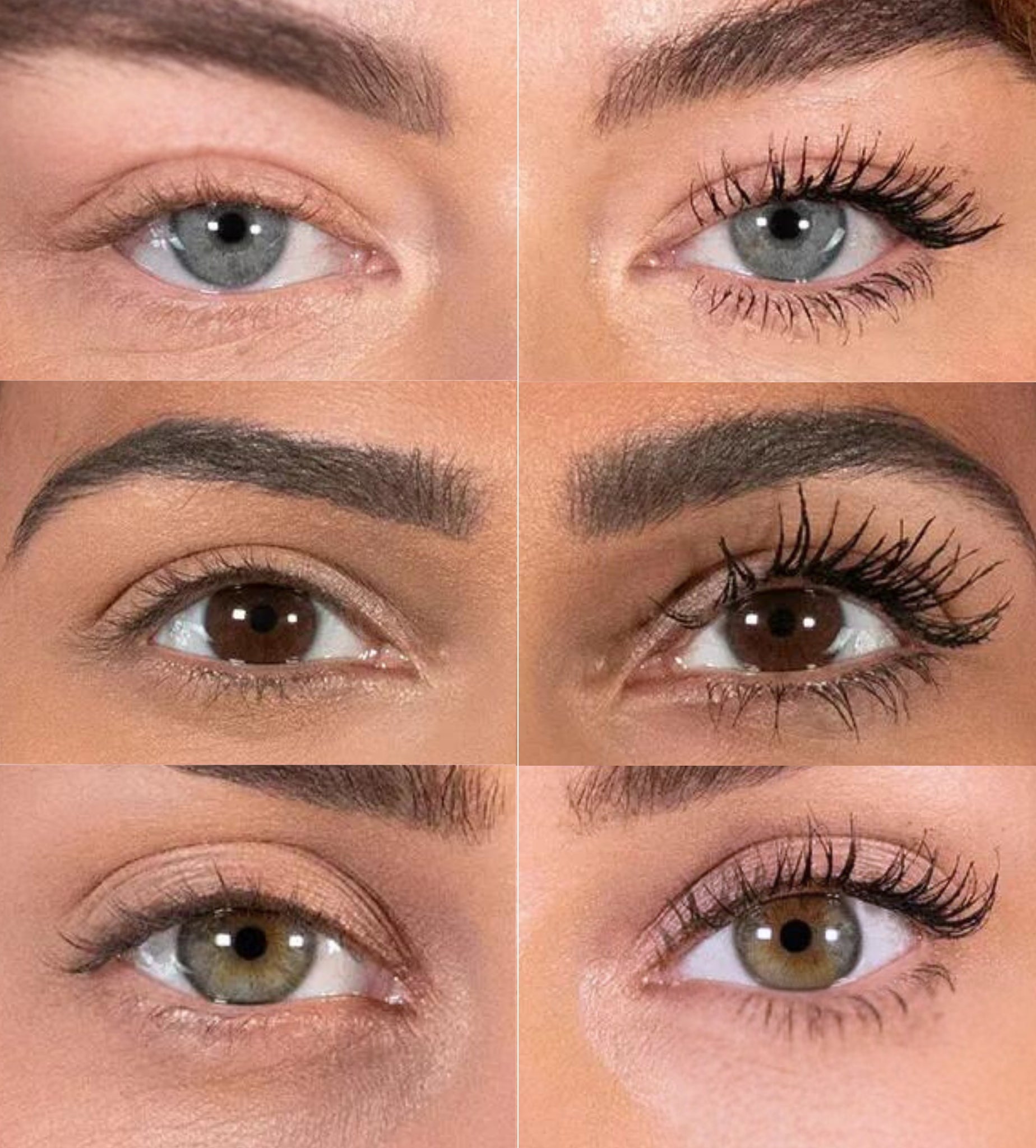 Multiple close-ups showing visible lengthening and volumizing effects of Ease Fusion Mascara on different eyes