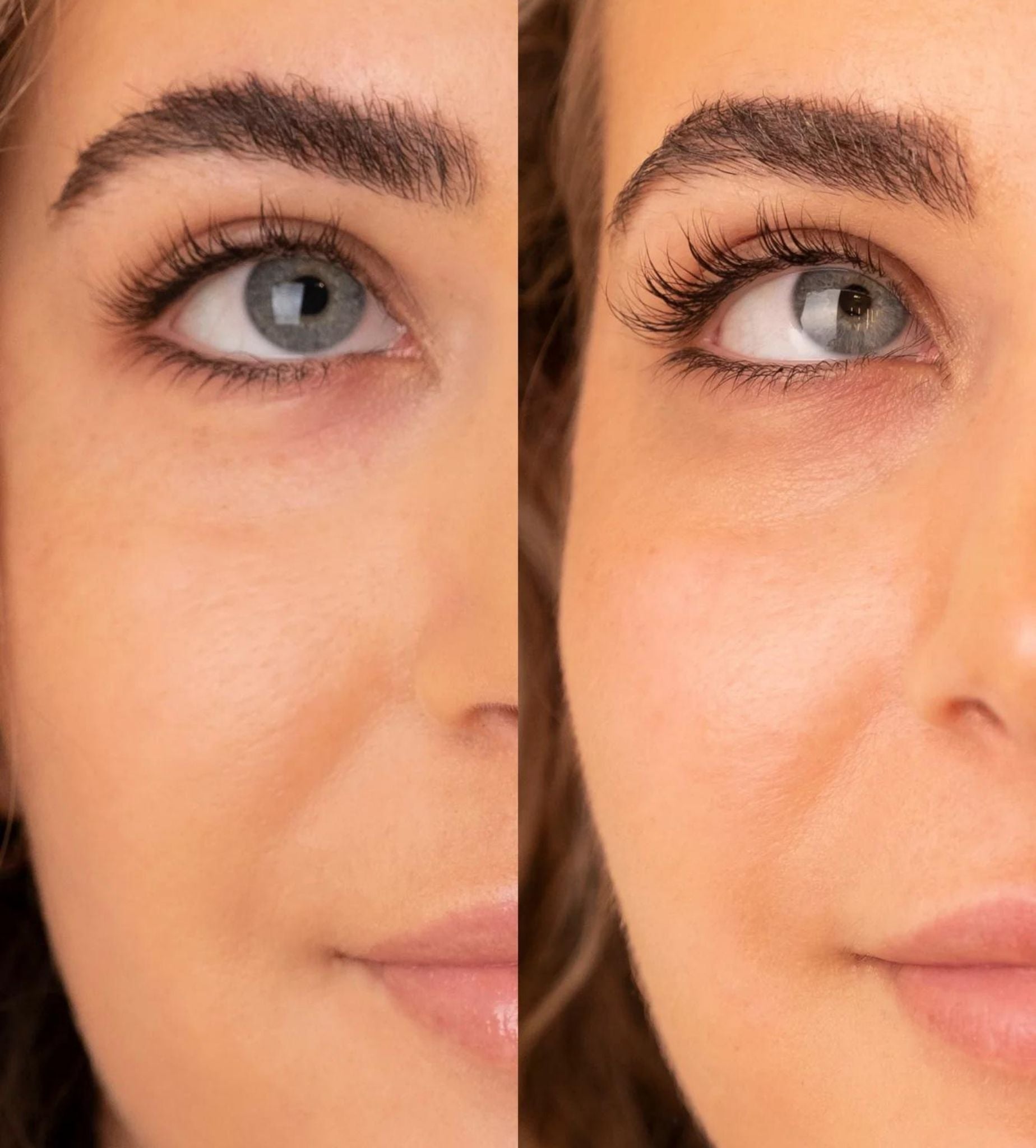 Before and after using Ease Eyelash Serum showing volume, length, and definition