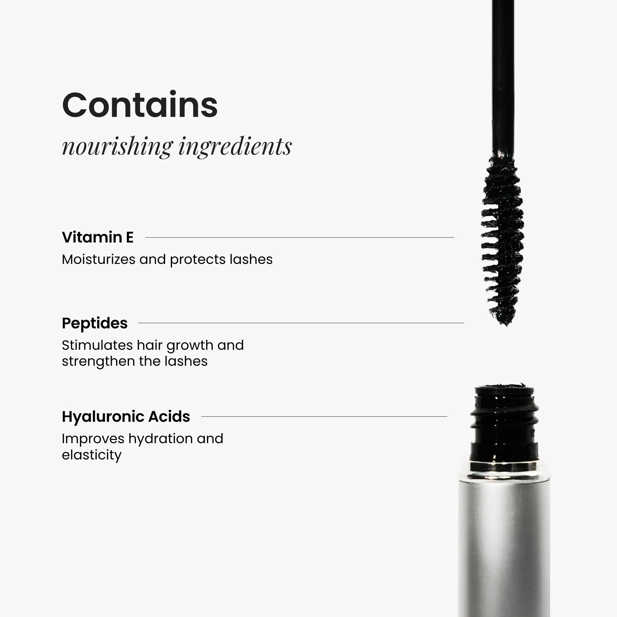 Mascara with a list of nourishing ingredients on a white background