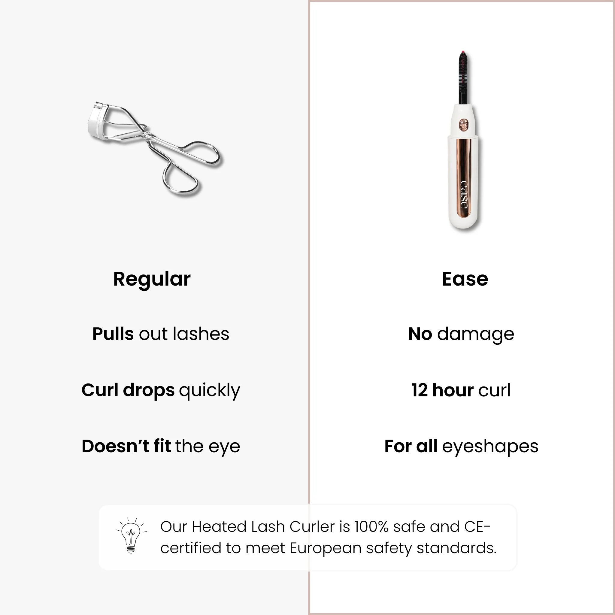 Comparison of a regular lash curler and a heated lash curler with text describing their benefits.