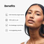 Woman with long lashes and lash curler benefits on a white background