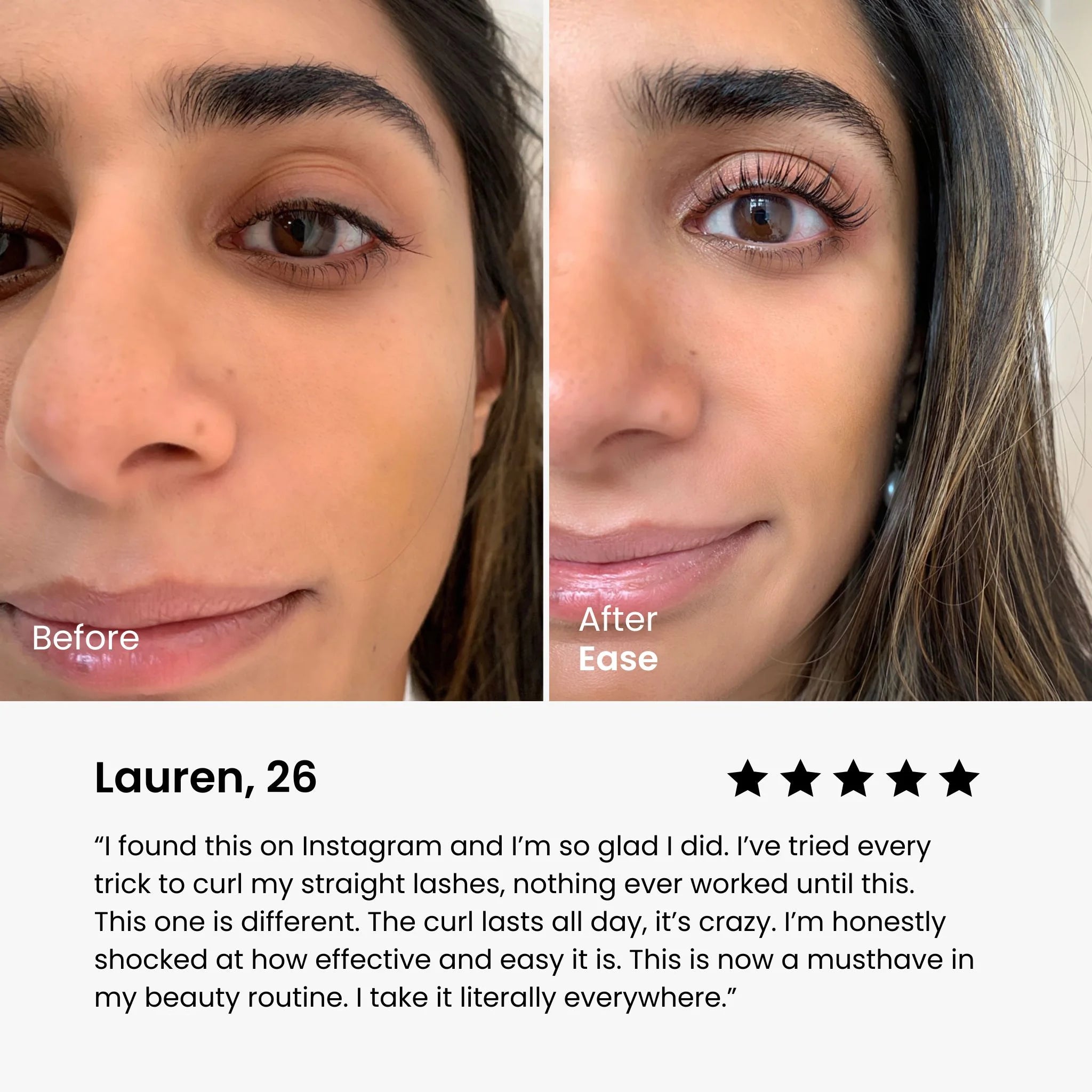 Before and after comparison of a woman's eyes with makeup, featuring a product named 'Ease'.
