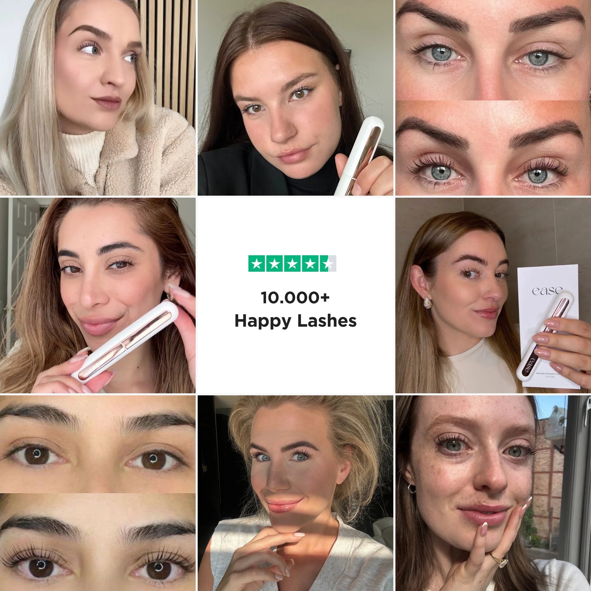 Collage of a woman using an eyelash product with close-up shots of her eyes and face.